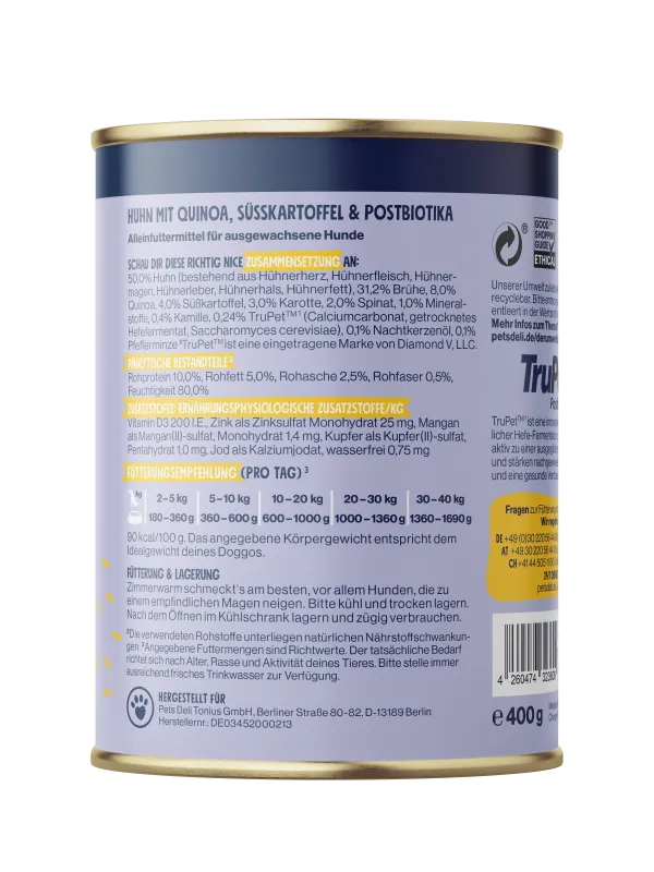 Pets Deli Solution Belly Balance Huhn mit Quinoa, Süsskartoffel & Postbiotika 400g